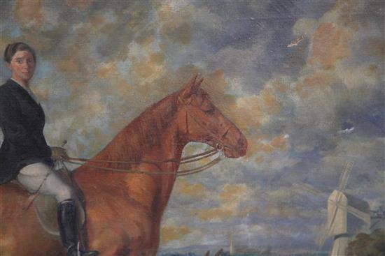 Modern British Portrait of an equestrienne with dogs in a landscape 28 x 36in.